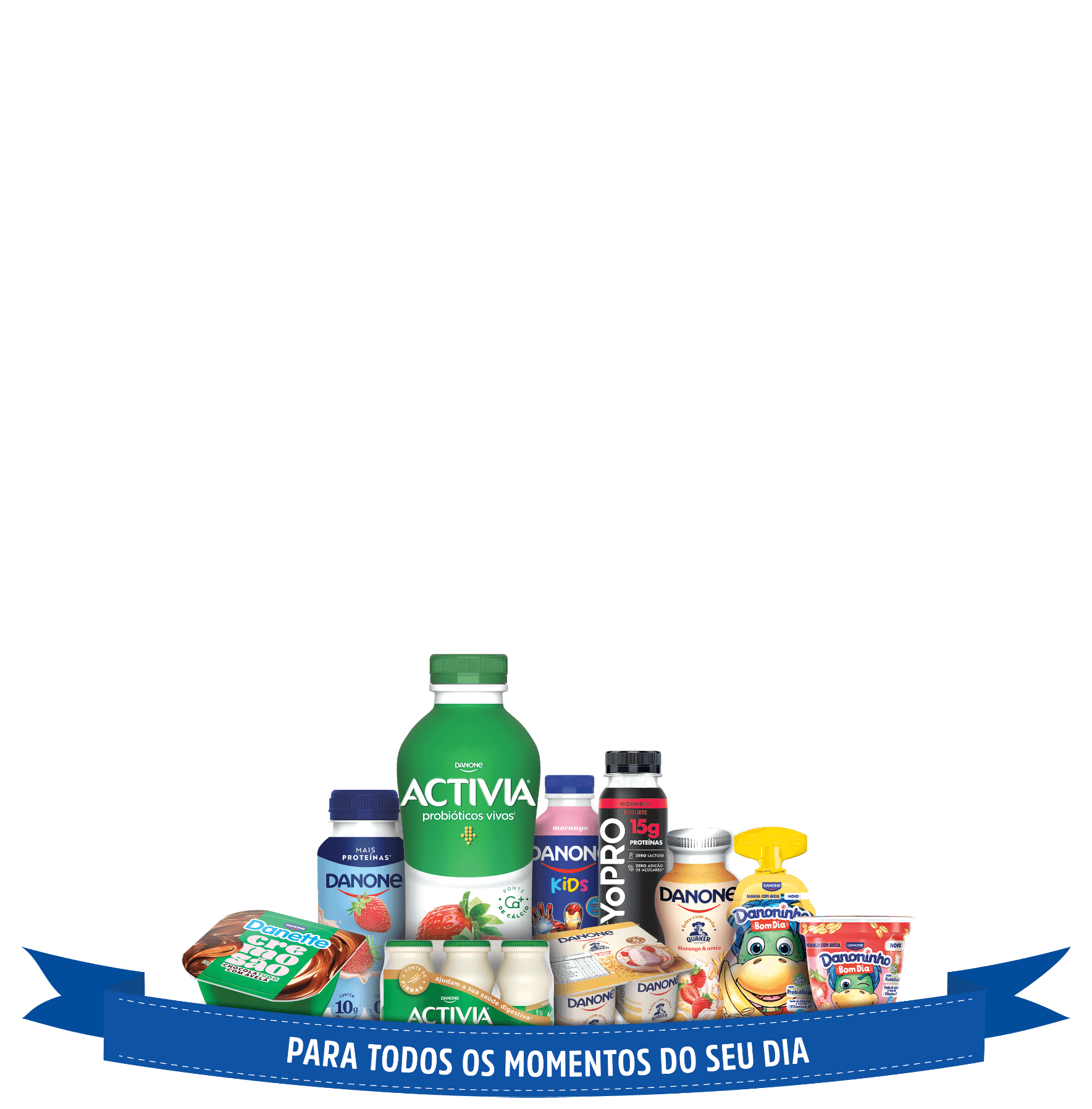 Imagems com produtos Danone, embaixo uma faixa azul com o texto Para todos os momentos do seu dia.