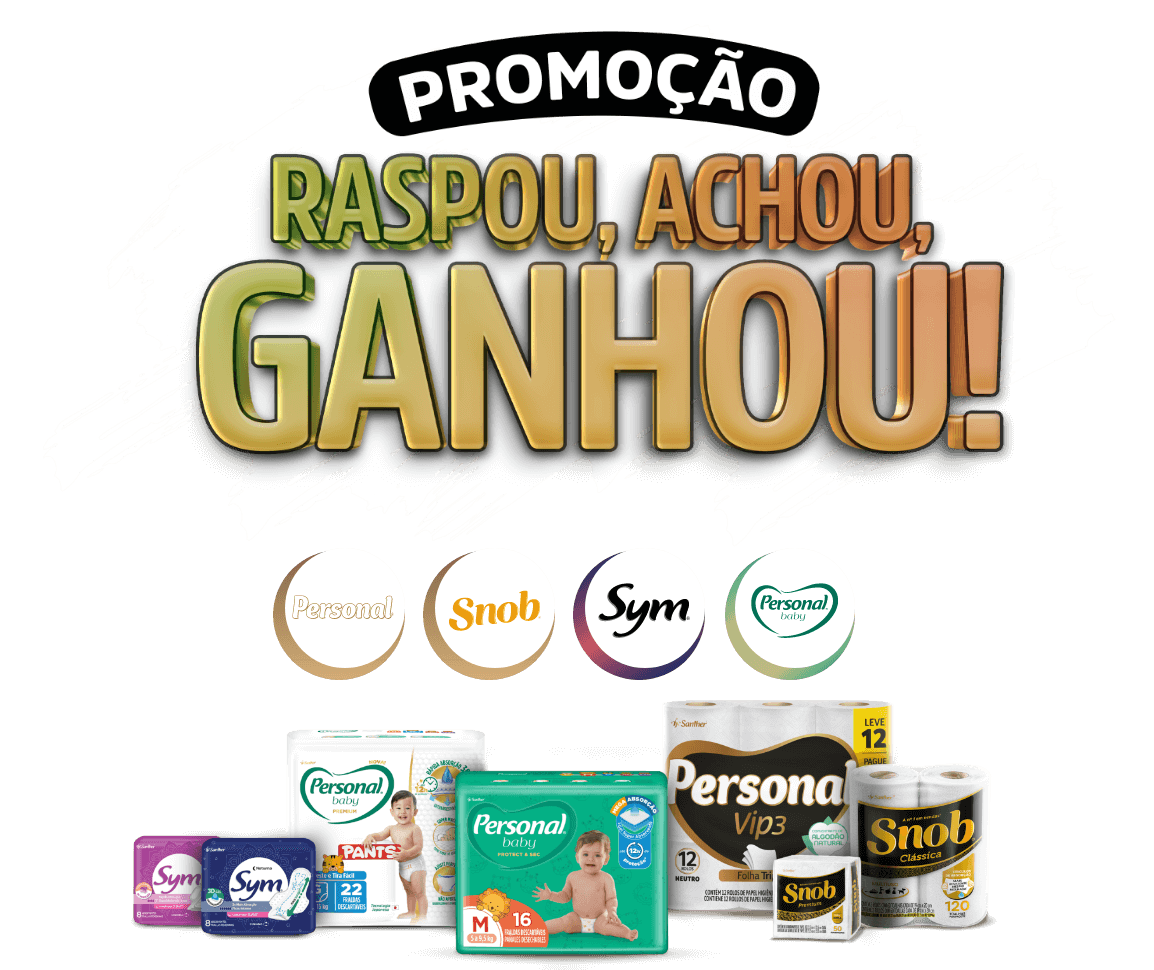 Promoção raspou, achou, ganhou! Logos: Personal, Snob, Sym e Personal Baby. Foto dos produtos participantes.